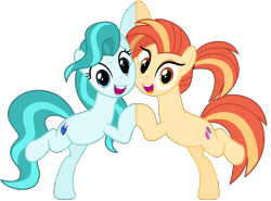 Size: 9384x6935 | Tagged: safe, artist:ejlightning007arts, lighthoof, shimmy shake, earth pony, pony, 2 4 6 greaaat, g4, best friends, bipedal, cheek to cheek, cute, duo, duo female, eyeshadow, female, holding hooves, lightorable, looking at you, makeup, ponytail, reference, shakeabetes, simple background, smiling, transparent background, vector