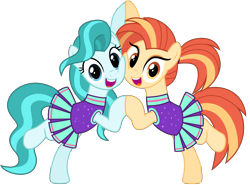 Size: 9384x6935 | Tagged: safe, alternate version, artist:ejlightning007arts, lighthoof, shimmy shake, earth pony, pony, 2 4 6 greaaat, g4, best friends, bipedal, cheek to cheek, cheerleader, cheerleader outfit, clothes, cute, duo, duo female, eyeshadow, female, holding hooves, lightorable, looking at you, makeup, ponytail, reference, shakeabetes, simple background, smiling, transparent background, vector