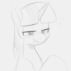 Size: 746x744 | Tagged: safe, artist:tre, twilight sparkle, pony, unicorn, g4, blushing, bust, drunk, drunk bubbles, drunk twilight, female, looking at you, mare, monochrome, open mouth, raised hoof, sketch, solo, unicorn twilight