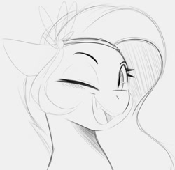 Size: 809x790 | Tagged: safe, artist:tre, pipp petals, pegasus, pony, g5, adorapipp, crown, cute, fangs, female, floppy ears, jewelry, looking at you, mare, monochrome, one eye closed, open mouth, regalia, sketch, smiling, solo, wink, winking at you