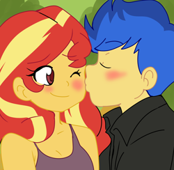 Size: 2048x2000 | Tagged: safe, artist:studiodraw, flash sentry, sunset shimmer, human, equestria girls, g4, blushing, cheek kiss, duo, eyes closed, female, high res, kissing, male, one eye closed, ship:flashimmer, shipping, smiling, straight, wrong eye color