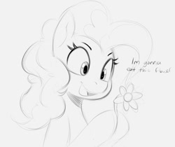 Size: 908x763 | Tagged: safe, artist:tre, pinkie pie, earth pony, pony, g4, dialogue, female, flower, herbivore, holding something, horses doing horse things, looking at something, mare, monochrome, open mouth, sketch, solo