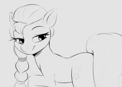Size: 1240x883 | Tagged: safe, artist:tre, sunny starscout, earth pony, pony, g5, bedroom eyes, female, flank, hairband, looking back, mare, monochrome, raised hoof, sketch, smiling, solo