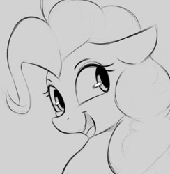 Size: 638x655 | Tagged: safe, artist:tre, pinkie pie, earth pony, pony, g4, bust, female, floppy ears, looking away, looking up, mare, monochrome, open mouth, sketch, smiling, solo