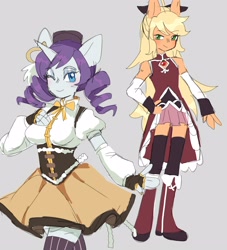 Size: 3000x3300 | Tagged: safe, artist:exxi00, applejack, rarity, earth pony, unicorn, anthro, g4, anime, bow, clothes, cosplay, costume, duo, female, high res, kyouko sakura, magical girl, mami tomoe, one eye closed, puella magi madoka magica, simple background, skirt, smiling, wink