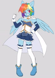Size: 2224x3154 | Tagged: safe, artist:exxi00, rainbow dash, pegasus, anthro, g4, anime, clothes, cosplay, costume, female, high res, magical girl, puella magi madoka magica, sayaka miki, simple background, skirt, smiling, solo, standing, wings
