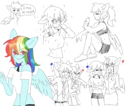 Size: 1200x1005 | Tagged: safe, artist:exxi00, rainbow dash, twilight sparkle, alicorn, pegasus, pony, unicorn, anthro, g4, clothes, height difference, shorts, sketch, sketch dump, sports bra, sports shorts, sweat, text, twilight sparkle (alicorn)