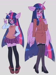 Size: 2236x2975 | Tagged: safe, artist:exxi00, twilight sparkle, alicorn, unicorn, anthro, g4, clothes, female, glasses, high res, necktie, school uniform, simple background, skirt, smiling, solo, twilight sparkle (alicorn)