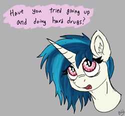 Size: 1456x1346 | Tagged: safe, artist:reddthebat, dj pon-3, vinyl scratch, pony, unicorn, g4, bust, dialogue, ear fluff, female, gray background, mare, missing accessory, no glasses, signature, simple background, solo, speech bubble, talking to viewer