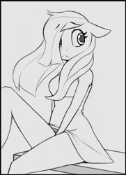 Size: 786x1087 | Tagged: safe, artist:tre, marble pie, earth pony, anthro, g4, :<, clothes, colored eyes, dress, female, floppy ears, looking away, monochrome, sitting, sketch, solo, windswept mane