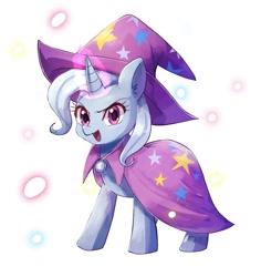 Size: 1247x1322 | Tagged: safe, artist:plusplus_pony, trixie, pony, unicorn, g4, brooch, cape, clothes, eyebrows, female, glowing, glowing horn, hat, horn, jewelry, looking at you, magic, magic aura, mare, open mouth, open smile, simple background, smiling, smiling at you, solo, standing, trixie's brooch, trixie's cape, trixie's hat, white background