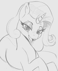 Size: 741x903 | Tagged: safe, artist:tre, rarity, pony, unicorn, g4, alternate hairstyle, eyeshadow, female, lidded eyes, looking at you, lying down, makeup, mare, monochrome, open mouth, sketch, smiling, solo