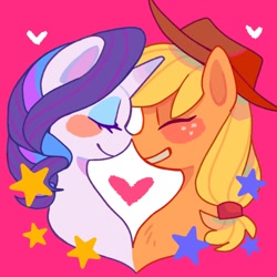 Size: 1280x1280 | Tagged: safe, artist:wr1111111, applejack, rarity, earth pony, pony, unicorn, g4, blushing, bust, clothes, duo, female, freckles, heart, lesbian, ship:rarijack, shipping, smiling