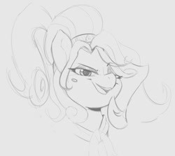 Size: 843x753 | Tagged: safe, artist:tre, cherry jubilee, earth pony, pony, g4, beauty mark, bow, bust, dreamworks face, eyeshadow, female, looking at you, makeup, mare, monochrome, open mouth, ponytail, solo, squint