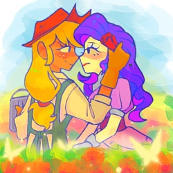 Size: 900x900 | Tagged: safe, artist:wr1111111, applejack, rarity, human, equestria girls, g4, clothes, cottagecore, duo, female, lesbian, looking at each other, looking at someone, ship:rarijack, shipping, smiling