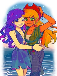 Size: 1125x1500 | Tagged: safe, artist:wr1111111, applejack, rarity, human, equestria girls, g4, clothes, duo, female, hug, lesbian, looking at you, one eye closed, ship:rarijack, shipping, skirt, smiling, wink