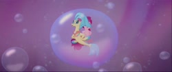 Size: 1600x670 | Tagged: safe, screencap, pinkie pie, princess skystar, seapony (g4), g4, my little pony: the movie, bioluminescent, bubble, dancing, duo, female, fin wings, fins, fish tail, flowing mane, flowing tail, in bubble, mare, ocean, one small thing, pinkie pie trapped in a bubble, seaponified, seapony pinkie pie, seaquestria, species swap, swimming, tail, underwater, water, wings