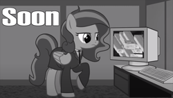 Size: 1280x720 | Tagged: safe, artist:drwolf001, oc, oc only, oc:ilovekimpossiblealot, pegasus, pony, tf2 analysis anarchy, clothes, computer, cubicle, error message, female, folded wings, frown, grayscale, green inferno part 2, mare, monochrome, necktie, pegasus oc, raised hoof, solo, suit, suit and tie, text, time skip, wings, youtube link