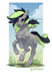 Size: 1762x2480 | Tagged: safe, artist:kez, oc, oc only, oc:elli, earth pony, pony, earth pony oc, female, galloping, grass, outdoors, serious, solo