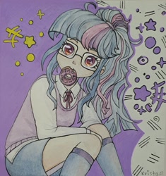 Size: 1923x2048 | Tagged: safe, artist:krista-21, sci-twi, twilight sparkle, human, g4, :3, abstract background, donut, female, food, humanized, mouth hold, pale skin, sitting, solo, starry eyes, traditional art, watercolor painting, wingding eyes