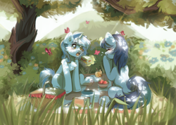 Size: 3000x2140 | Tagged: safe, artist:pledus, oc, oc only, butterfly, pony, unicorn, basket, blushing, bush, chest fluff, commission, cute, duo, duo female, ear fluff, eye clipping through hair, eyebrows, eyebrows visible through hair, eyes closed, female, flower, food, giggling, glowing, glowing horn, grass, happy, herbivore, high res, horn, laughing, levitation, magic, magic aura, mare, ocbetes, open mouth, outdoors, picnic, picnic basket, picnic blanket, sandwich, signature, sitting, smiling, sparkly eyes, strawberry, telekinesis, tree, unicorn oc, wingding eyes