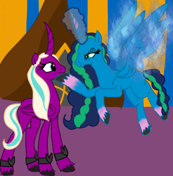 Size: 720x732 | Tagged: safe, artist:misty arcana(eva.zz), misty brightdawn, opaline arcana, alicorn, pony, unicorn, g5, spoiler:g5, alicornified, alternate hairstyle, coat markings, duo, flying, folded wings, glowing, glowing horn, glowing wings, horn, mistycorn, race swap, socks (coat markings), spread wings, tree, unshorn fetlocks, wings