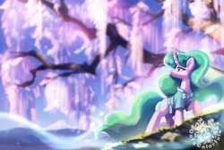 Size: 2528x1701 | Tagged: safe, artist:oofycolorful, mistmane, pony, unicorn, g4, clothes, curved horn, female, high res, horn, mare, robe, scenery, signature, smiling, solo, tree