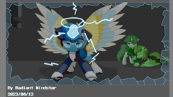 Size: 2560x1440 | Tagged: safe, artist:radiant windstar, oc, oc only, oc:nihaicreeper, oc:pilek, oc:radiant windstar, alicorn, angel, hybrid, original species, pegasus, pony, unicorn, alicorn oc, broken glass, clothes, creeper, halo, horn, injured, lightning, lights out, looking at you, magic, magic aura, magic malfunction, scenery, spread wings, trio, wings