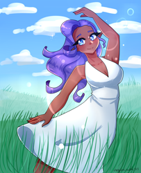 Size: 2975x3660 | Tagged: safe, artist:mylittleyuri, rarity, human, g4, armpits, blushing, breasts, busty rarity, cleavage, clothes, crepuscular rays, dark skin, dress, elf ears, female, grass, high res, humanized, signature, smiling, solo, sundress, white dress