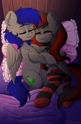 Size: 2500x3824 | Tagged: safe, artist:madelinne, oc, oc only, oc:mb midnight breeze, oc:se solar eclipse, pegasus, pony, black and red mane, blushing, clothes, duo, female, high res, hug, male, mare, pegasus oc, sleeping, socks, stallion, striped socks