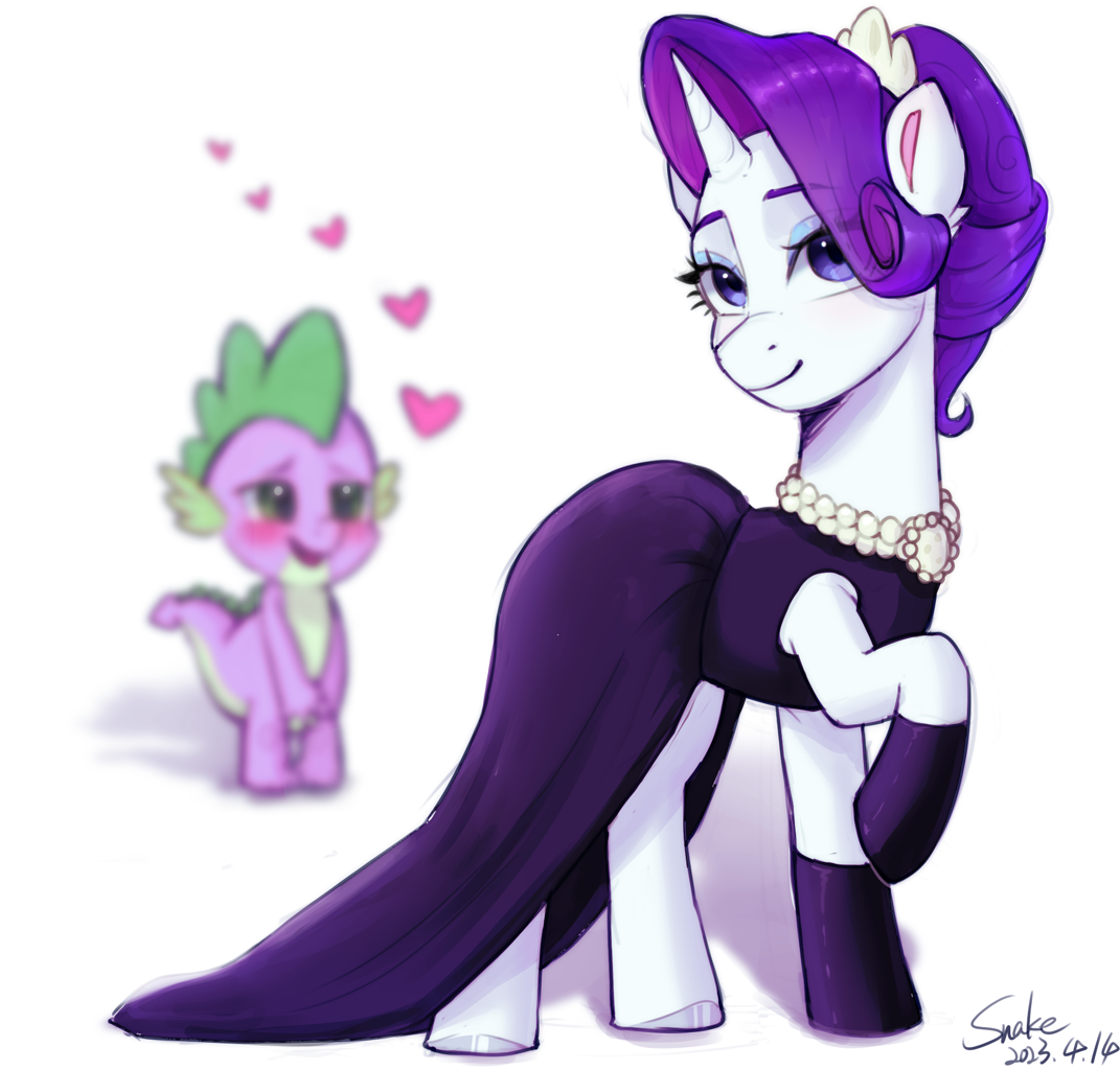 [baby,baby dragon,clothes,dragon,dress,eyeshadow,female,g4,gloves,jewelry,makeup,male,pony,rarity,safe,shipping,simple background,sparity,spike,straight,unicorn,white background,the gift of the maud pie,artist:xiaowu07]