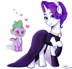 Size: 1932x1848 | Tagged: safe, artist:xiaowu07, rarity, spike, dragon, pony, unicorn, g4, the gift of the maud pie, alternate hairstyle, baby, baby dragon, breakfast at tiffany's, clothes, dress, ear fluff, eyeshadow, female, gloves, in love, jewelry, makeup, male, mare, necklace, ponytail, ship:sparity, shipping, simple background, smiling, straight, tiara, white background