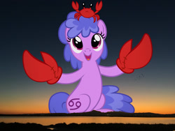 Size: 2048x1536 | Tagged: safe, edit, editor:jaredking779, cancer (g4), crab, earth pony, giant crab, pony, g4, cancer (horoscope), cyprus, earth pony oc, female, giant pony, giantess, highrise ponies, irl, larnaca, macro, mare, open mouth, photo, ponies in real life, ponyscopes, smiling, solo