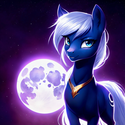 Size: 1024x1024 | Tagged: safe, ai assisted, ai content, artist:darbarri, derpibooru exclusive, generator:stable diffusion, oc, earth pony, pony, jewelry, looking at you, moon, night, smiling, solo