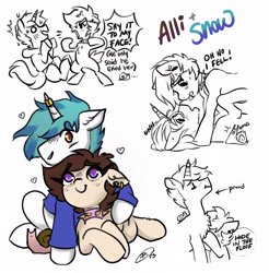 Size: 3187x3237 | Tagged: safe, artist:opalacorn, oc, oc only, oc:allicoot, oc:snowy blue, earth pony, pony, snail, unicorn, bipedal, chest fluff, choker, clothes, commission, cuddling, ear piercing, earring, female, high res, hoodie, horn, horn ring, jewelry, lying down, male, mare, oc x oc, on back, piercing, pinned, prone, ring, shipping, simple background, spiked choker, stallion, straight, white background
