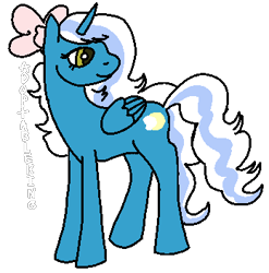 Size: 348x352 | Tagged: safe, artist:adoptableking, oc, oc only, oc:fleurbelle, alicorn, pony, alicorn oc, bow, female, hair bow, horn, looking back, mare, simple background, smiling, solo, transparent background, wings, yellow eyes