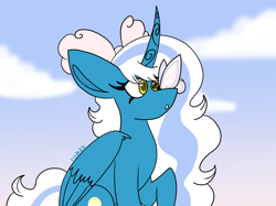 Size: 3334x2500 | Tagged: safe, artist:icydarkflame, oc, oc only, oc:fleurbelle, alicorn, butterfly, pony, alicorn oc, bow, cloud, cute, female, hair bow, high res, horn, mare, sky, solo, wings, yellow eyes