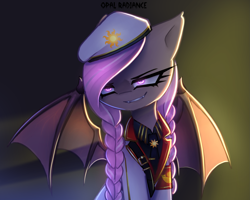 Size: 2609x2090 | Tagged: safe, artist:opal_radiance, oc, oc only, oc:wintergleam, bat pony, pony, bat pony oc, bat wings, braid, braided pigtails, clothes, crepuscular rays, evil smile, eyebrows, female, gradient background, grin, high res, pigtails, signature, smiling, solar empire, solo, spread wings, suit, uniform, white, wings
