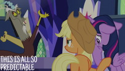 Size: 2000x1125 | Tagged: safe, edit, edited screencap, editor:quoterific, screencap, applejack, discord, twilight sparkle, alicorn, draconequus, earth pony, pony, g4, the beginning of the end, annoyed, applejack is not amused, applejack's hat, cowboy hat, cutie map, discord is not amused, facial hair, female, floppy ears, freckles, frown, goatee, hair tie, hat, looking back, looking up, male, mare, nervous, panicking, snaggletooth, trio, twilight sparkle (alicorn), twilight's castle, unamused