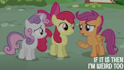 Size: 2000x1125 | Tagged: safe, edit, edited screencap, editor:quoterific, screencap, apple bloom, scootaloo, sweetie belle, earth pony, pegasus, pony, unicorn, crusaders of the lost mark, g4, apple bloom's bow, bow, bush, cutie mark crusaders, female, filly, flower, foal, frown, hair bow, open mouth, raised hoof, standing, trio, trio female