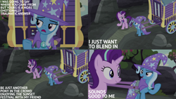 Size: 2000x1125 | Tagged: safe, edit, edited screencap, editor:quoterific, screencap, starlight glimmer, trixie, pony, unicorn, g4, to where and back again, trixie's wagon, wagon