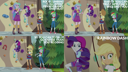 Size: 2000x1125 | Tagged: safe, edit, edited screencap, editor:quoterific, screencap, applejack, princess celestia, principal celestia, rainbow dash, rarity, human, equestria girls, g4, my little pony equestria girls: legend of everfree, forest, helmet, rock climbing