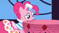 Size: 1920x1080 | Tagged: safe, screencap, pinkie pie, earth pony, pony, g4, season 1, the best night ever, 1080p, clothes, cute, diapinkes, dress, female, gala dress, mare, sad, sadorable, solo, table, when she doesn't smile