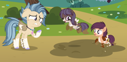 Size: 3160x1544 | Tagged: safe, artist:pastelnightyt, oc, oc only, oc:lightning strike, oc:ocean current, oc:thunder crack, pegasus, pony, female, filly, foal, mud, quadrupedal, teenager