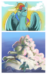 Size: 2000x3100 | Tagged: safe, artist:seventozen, rainbow dash, pegasus, pony, comic:the problem of parthus, g4, cloud, comic, female, high res, mare, on a cloud, quadrupedal, solo, spread wings, standing on a cloud, wings