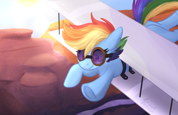 Size: 3517x2276 | Tagged: safe, artist:lbrcloud, rainbow dash, earth pony, pony, g4, alternate universe, artificial wings, augmented, clothes, cute, dashabetes, determined, earth pony rainbow dash, female, flying, goggles, high res, race swap, rock, sky, solo, sun, wings