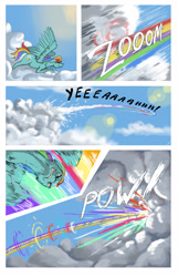 Size: 2000x3100 | Tagged: safe, artist:seventozen, rainbow dash, pegasus, pony, comic:the problem of parthus, g4, cloud, comic, female, flight trail, flying, high res, mare, onomatopoeia, quadrupedal, rainbow trail, solo, sonic rainboom, sound effects, text