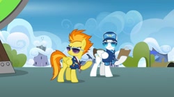 Size: 2160x1210 | Tagged: safe, screencap, spitfire, pegasus, pony, g4, wonderbolts academy, clipboard, clothes, cloud, dizzitron, drill sergeant, duo, duo male and female, female, male, mare, necktie, needs more jpeg, spitfire's tie, spitfire's whistle, stallion, stopwatch, sunglasses, uniform, whistle, whistle necklace, wonderbolts dress uniform