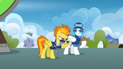 Size: 2160x1207 | Tagged: safe, screencap, spitfire, pegasus, pony, g4, wonderbolts academy, clipboard, clothes, cloud, dizzitron, drill sergeant, duo, duo male and female, female, male, mare, necktie, needs more jpeg, spitfire's tie, spitfire's whistle, stallion, sunglasses, uniform, whistle, whistle necklace, wonderbolts dress uniform