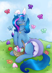 Size: 2480x3507 | Tagged: safe, artist:kirari_chan, oc, oc only, butterfly, pony, unicorn, blushing, bunny ears, cloud, cloudy, commission, diaper, diaper fetish, easter, easter bunny, easter egg, female, fetish, finished commission, flower, full body, grass, high res, holiday, horn, jewelry, long hair, long mane, long tail, necklace, non-baby in diaper, outdoors, sitting, solo, tail, unicorn oc, ych result